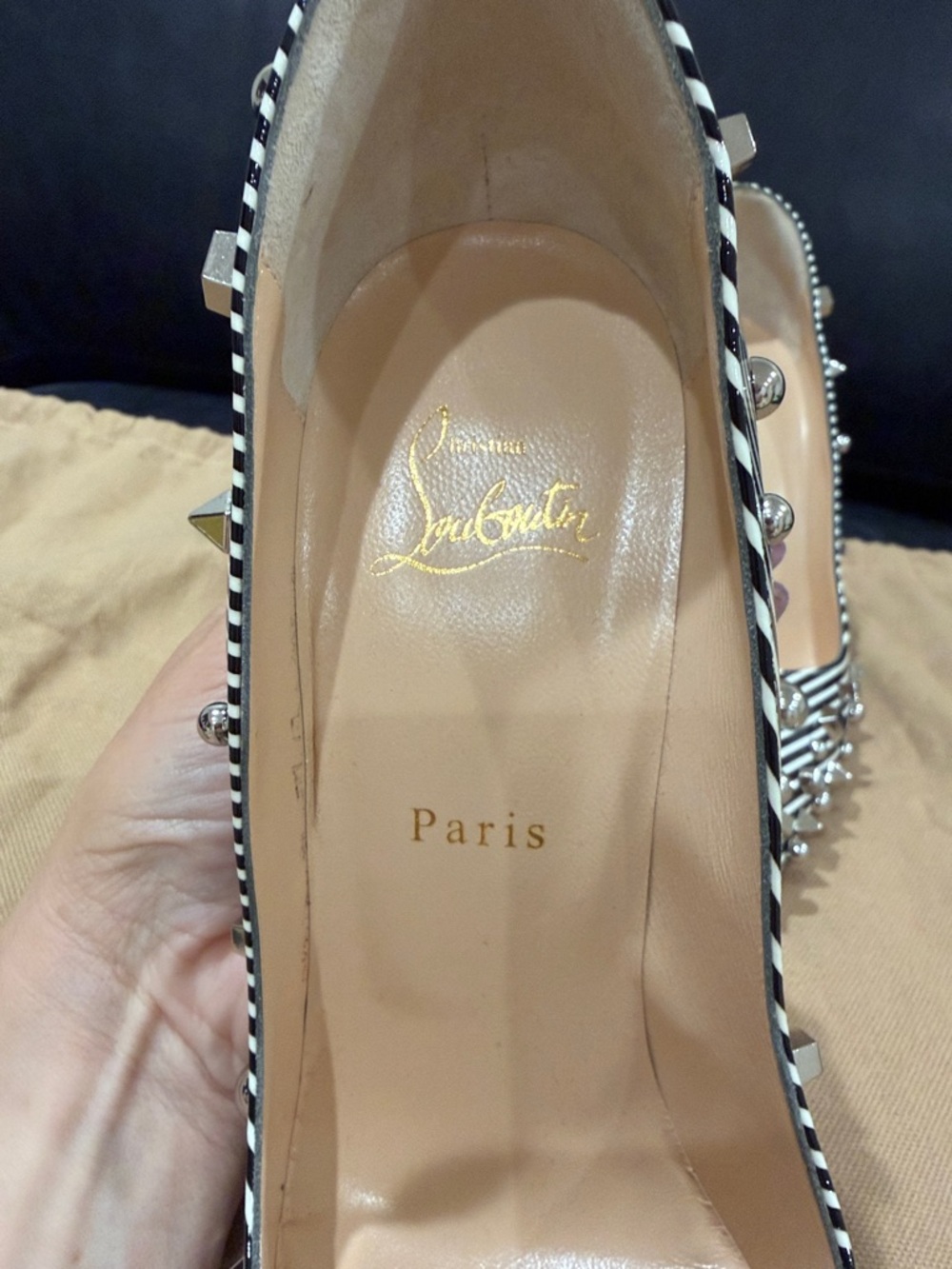 Christian Louboutin Black & White Striped Studded Pointed-Toe Pumps 100mm - Picture 5 of 8